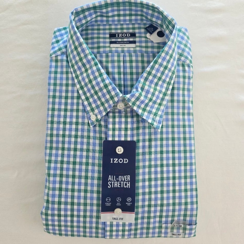 IZOD Shirt 19 37/38 Mens Tall  NEW Plaid All-Over Stretch Fit Short Sleeve Green